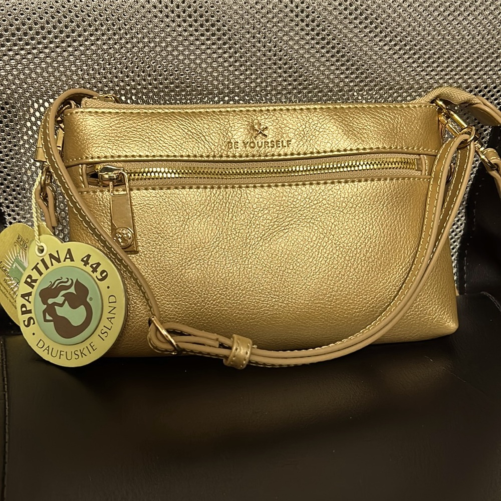 Gold Boutique Leather crossbody purse converts to a shoulder, wristlet or clutch